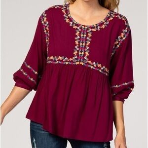 April Sky Burgundy Floral Embroidered‎ 3/4 Puff Sleeve Top Small